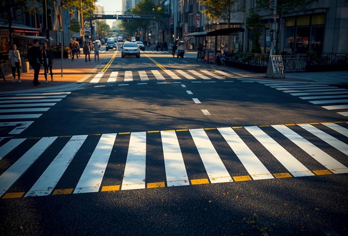 Pedestrian walkway markings in a public setting